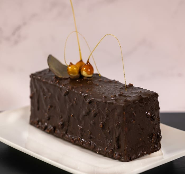 Travel-Cake- Hazelnut with chocolate coating and roasted hazelnuts -front angle view