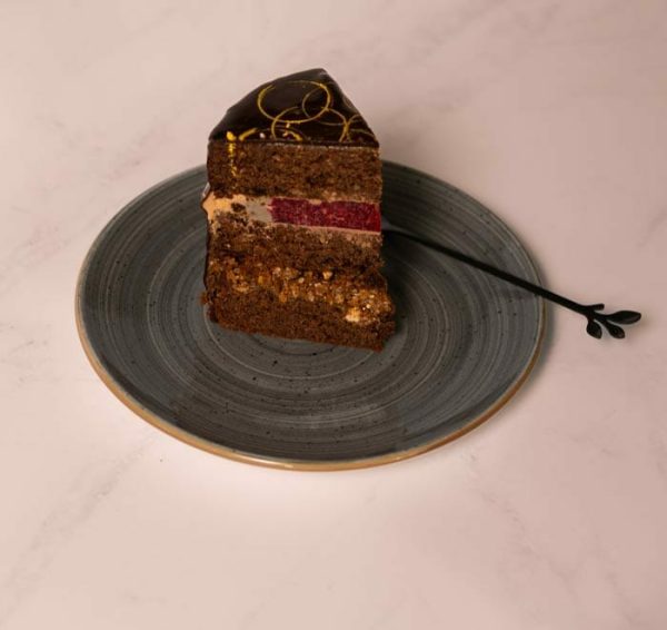 Slice of Chocolate, hazelnut raspberry cake